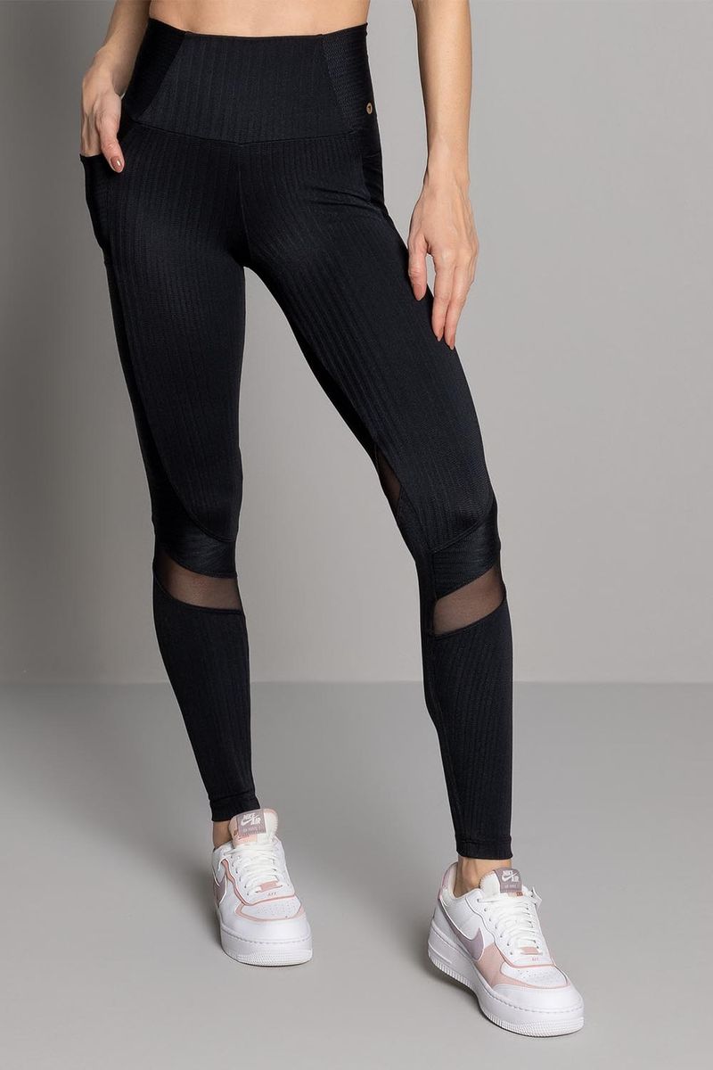 Calça legging energy poliamida com tule preta