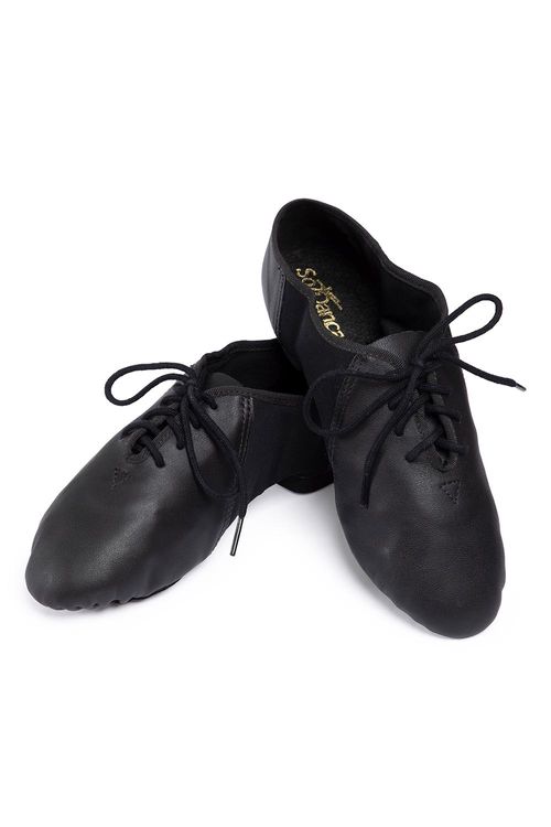 F54A - Preto - C - Sapato Jazz de Couro e Stretch - Sola de Camurça