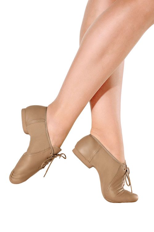 F54A - Caramel - D - Sapato Jazz de Couro e Stretch - Sola de Camurça