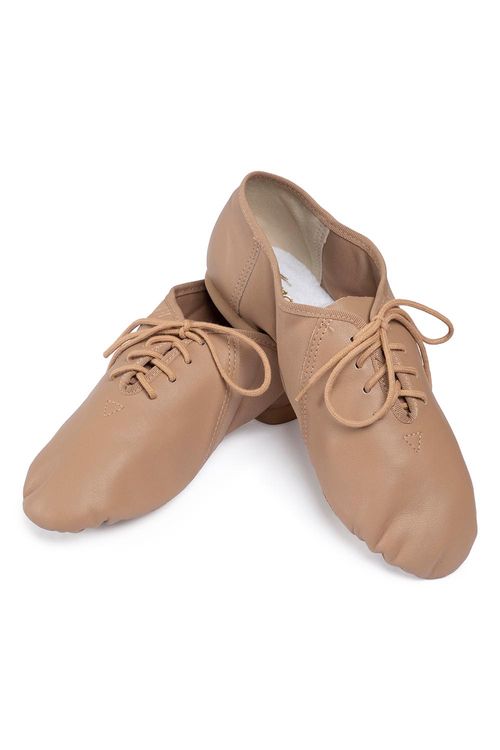 F54A - Caramel - E - Sapato Jazz de Couro e Stretch - Sola de Camurça