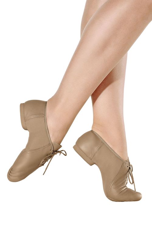 F54A - Caramel - B - Sapato Jazz de Couro e Stretch - Sola de Camurça