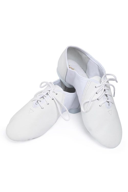 F54A - Branco - B - Sapato Jazz de Couro e Stretch - Sola de Camurça