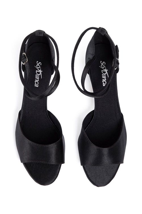 BL667 - Sandália - Salto 4,5cm - Lona com Fio Metalizado Preto - Sola Couro