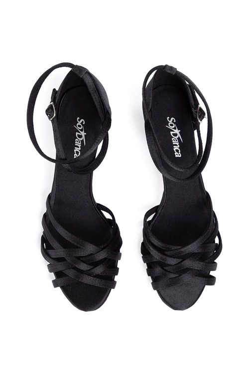 BL669 - Sandália - Salto 4,5cm - Cetim Preto - Sola Couro